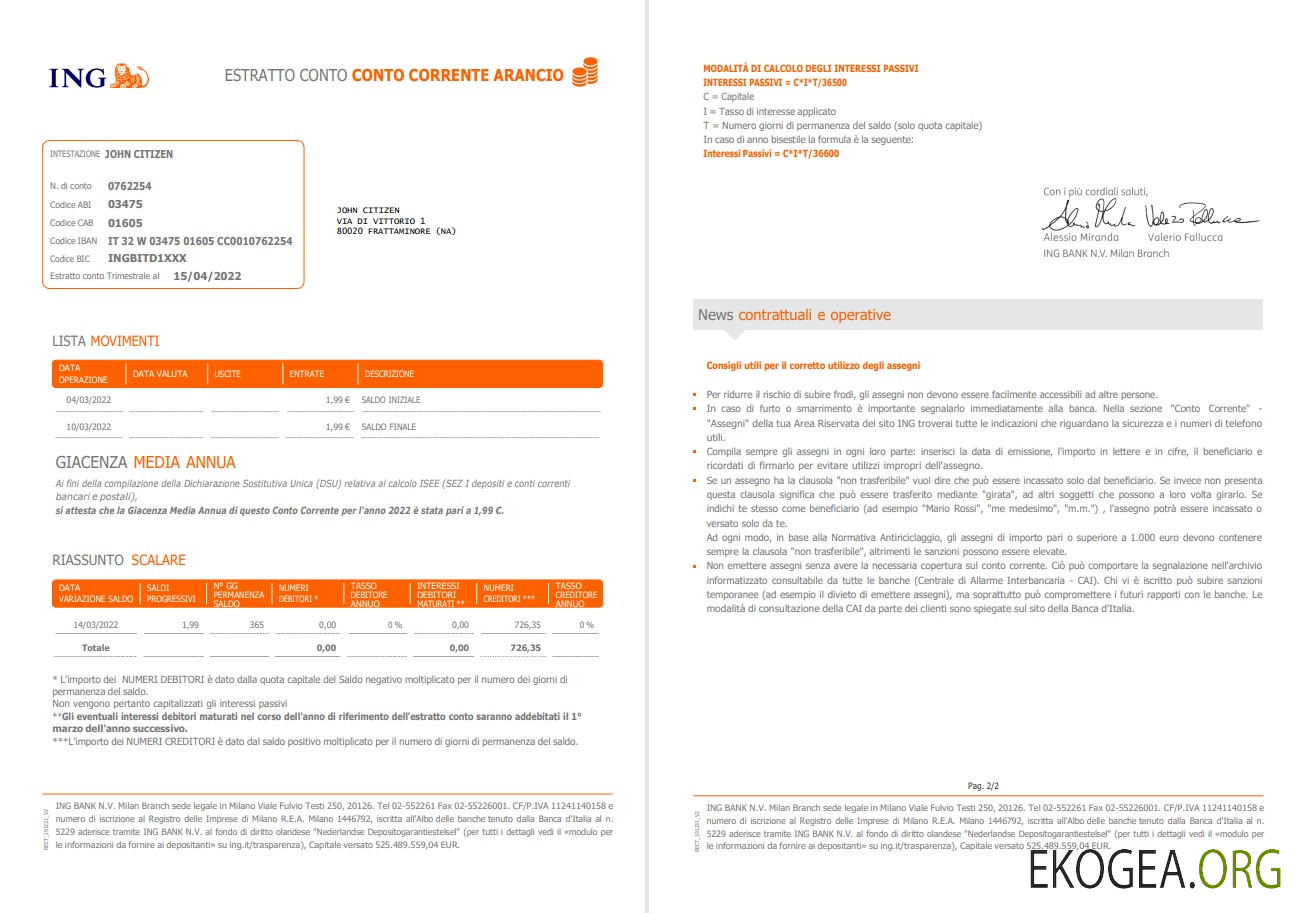 Relevé bancaire ING Italie 2 pages